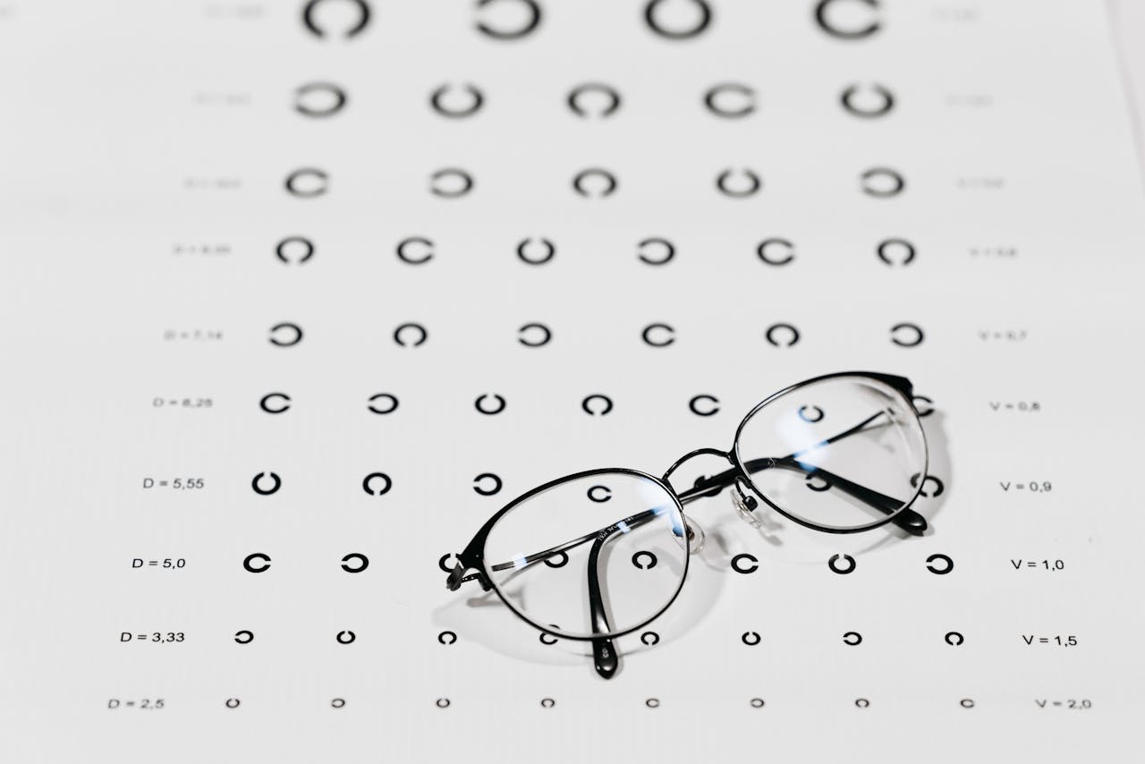 Eyeglasses on a vision test chart, emphasizing eye care and optometry.